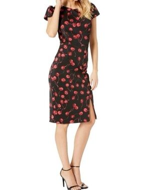 EUC Betsey Johnson Cherry Cherries Red & Black Cap Sleeve Midi Pinup Dress Sz 4